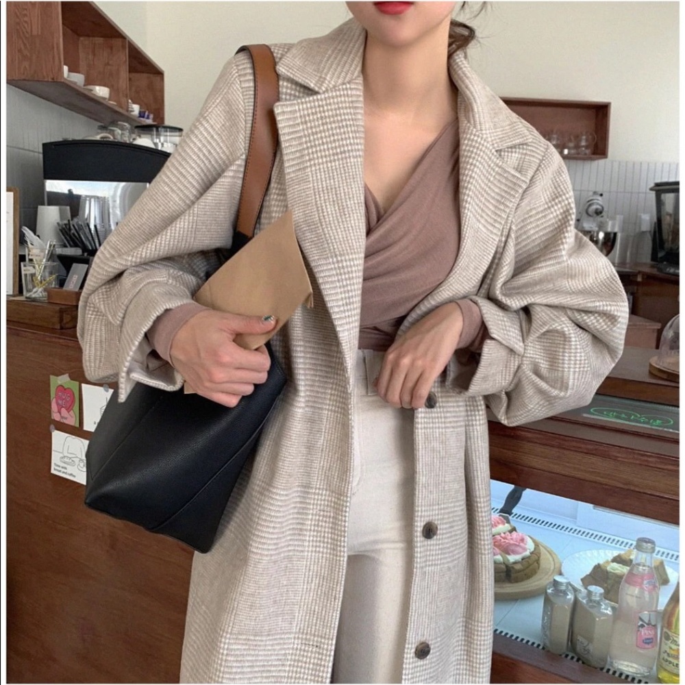 Coat long plaid vintage lantern puff sleeve runway womens soft khaki belt - Picture 4 of 10